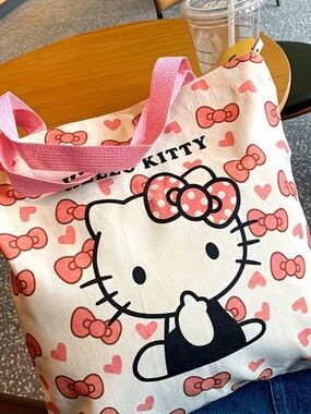 Hello Kitty Canvas Tote Bag 💗 Pink Bow Heart Shopper Bag Cute Large Tote